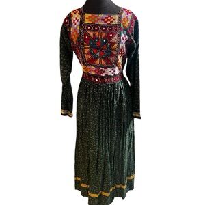 Vintage 1970s Embroidered Mirrored Kuchi Afghan Maxi Dress S/M Exquisite